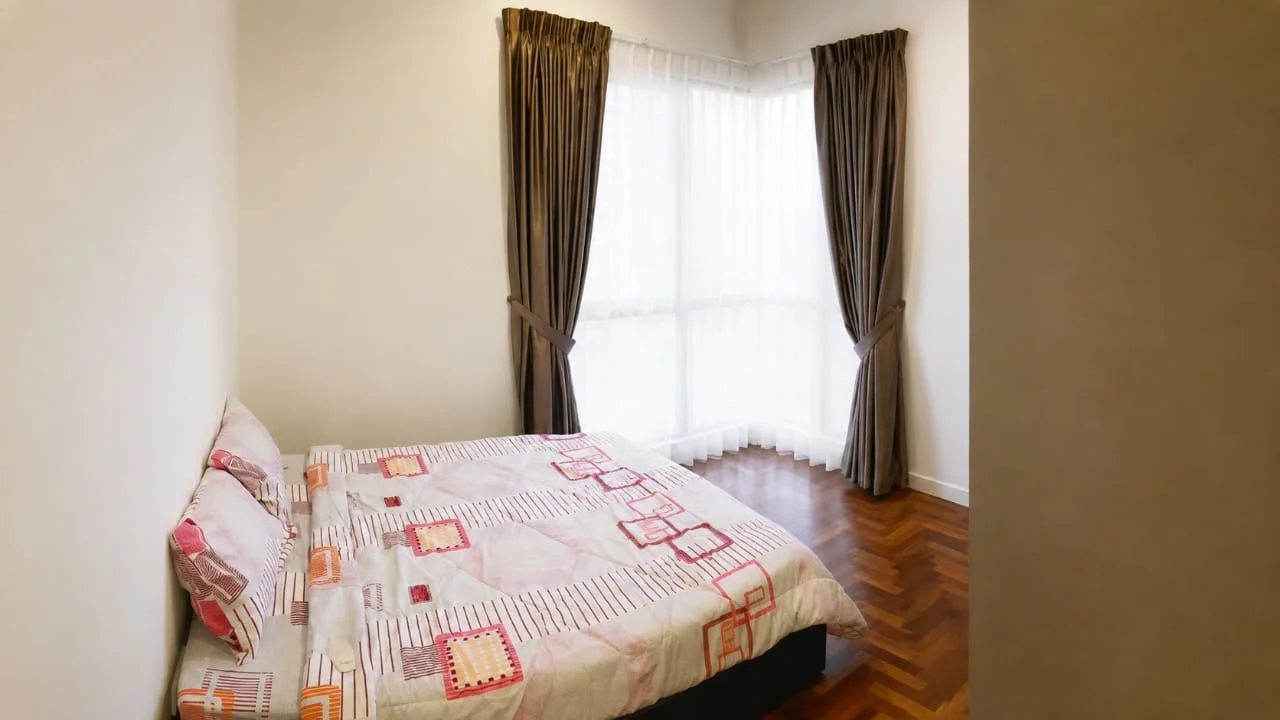 Bedroom features: queen-size bed, upholstered headboard, decorative bedspread with patterns, wooden flooring, floor-to-ceiling windows, sheer curtains, dark brown curtains, wall-mounted light fixture; style: modern.
